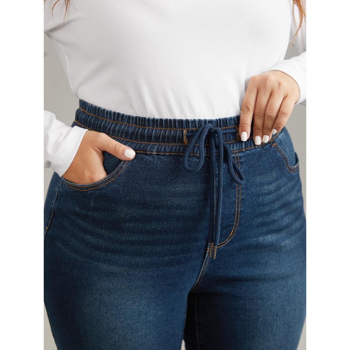 Plus Size Dark Wash Elastic Waist Drawstring Straight Leg Jeans Women Indigo Casual Plain Plain High stretch Pocket Jeans BloomChic 16/1X Product Image