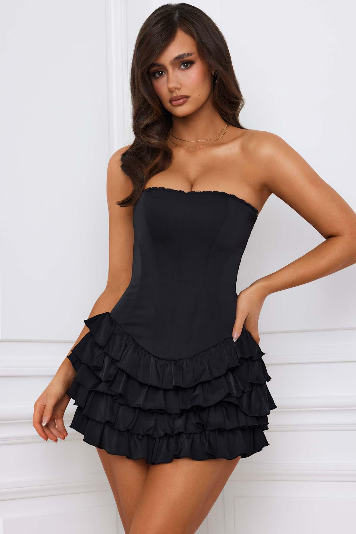 Bandeau Ruffled Tiered Corset Mini Dress in Black Product Image