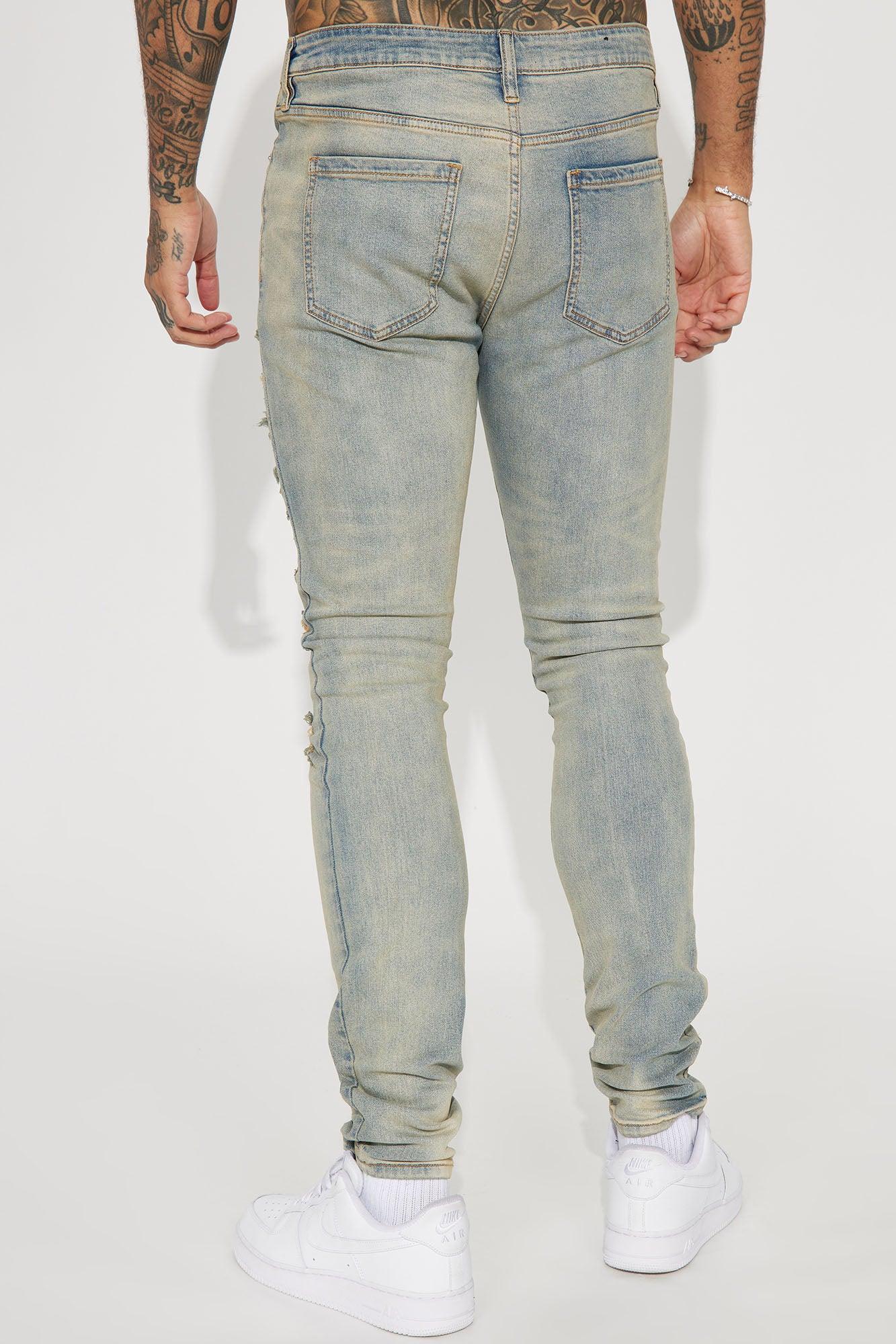 Out Of Control Destroyed Vintage Stacked Skinny Jeans - Vintage Blue Wash Product Image