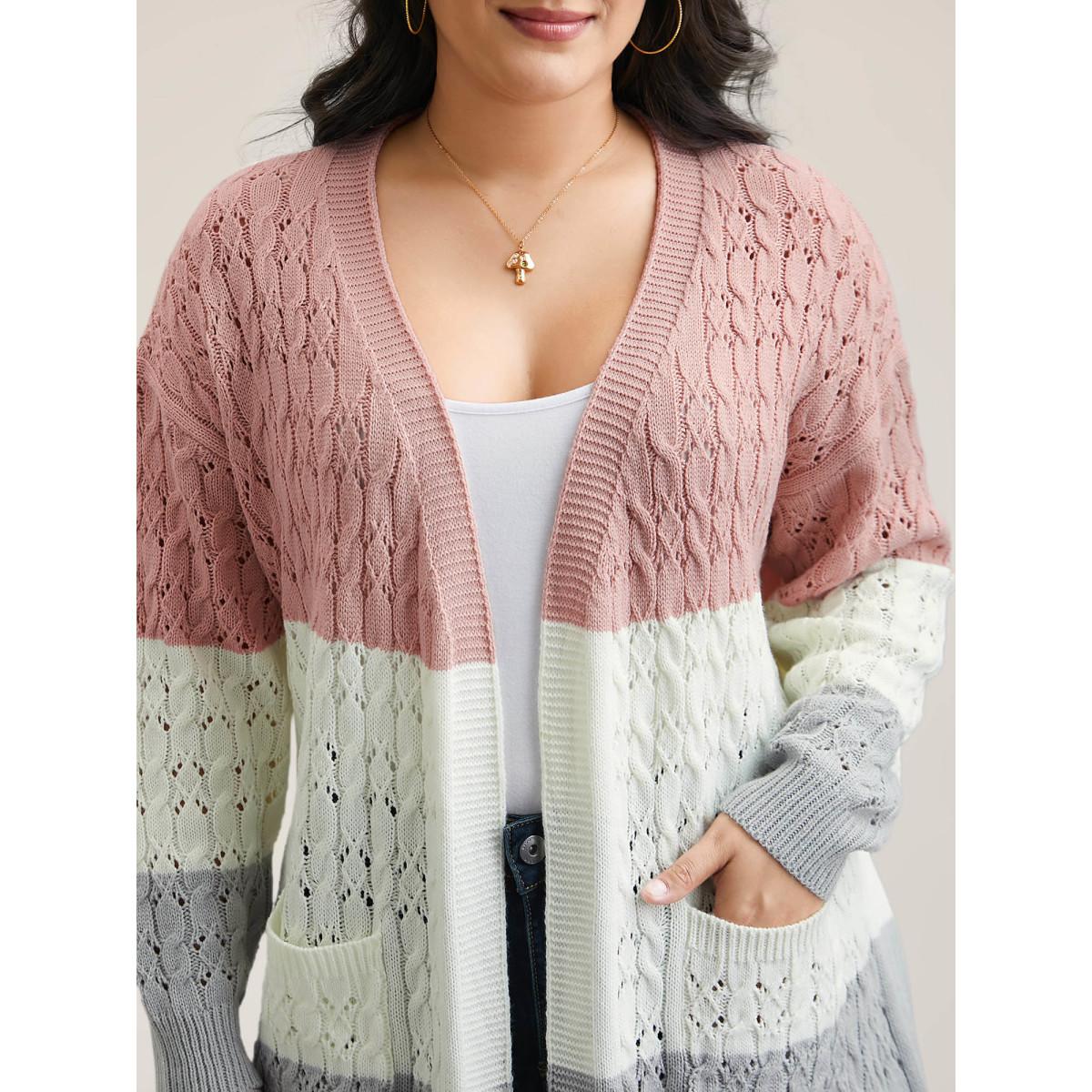 Plus Size Cable Knot Color-Block Open-Front Cardigan Crepe Women Casual Loose Long Sleeve Everyday Cardigans BloomChic 10/M Product Image