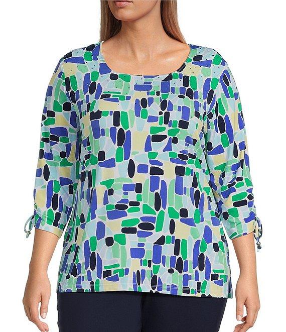 Allison Daley Plus Size Kelly Mosaic 3/4 Tie Sleeve Square Neck Knit Top Product Image