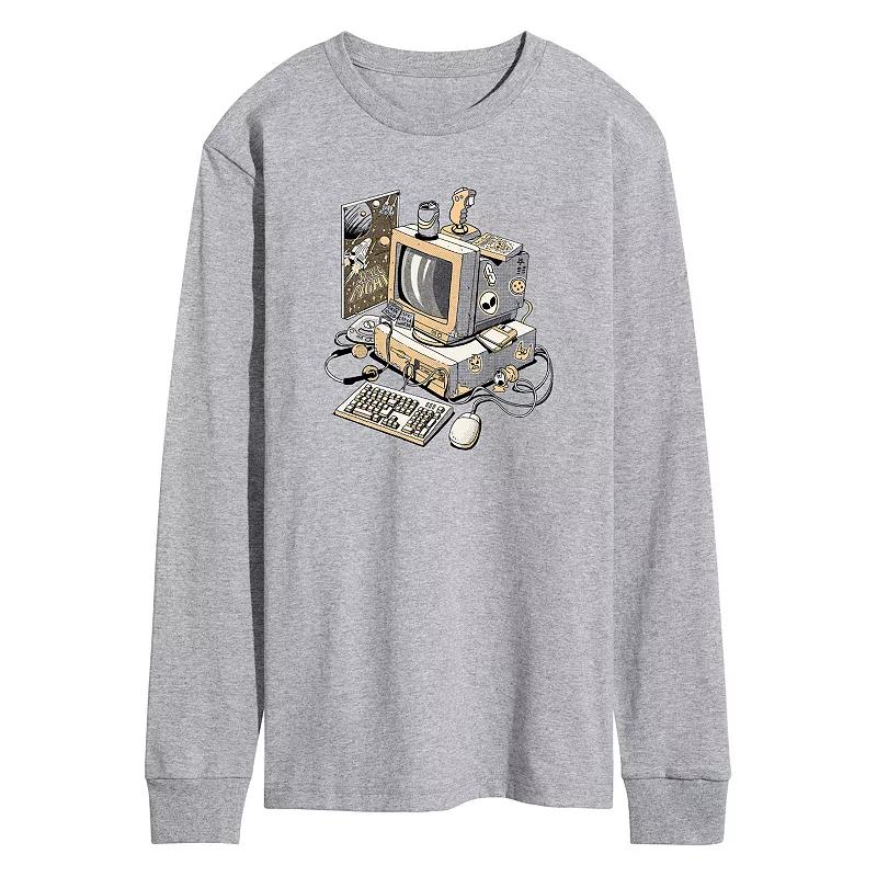 Mens Retro 90s PC Long Sleeve Graphic Tee Grey Gray Product Image