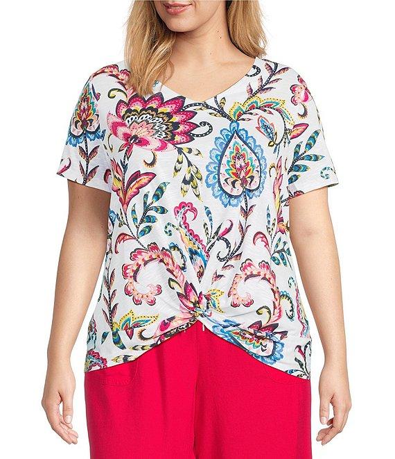 Allison Daley Plus Size Arabesque Floral Print Short Sleeve V-Neck Twist Hem Slub Jersey Knit Top Product Image