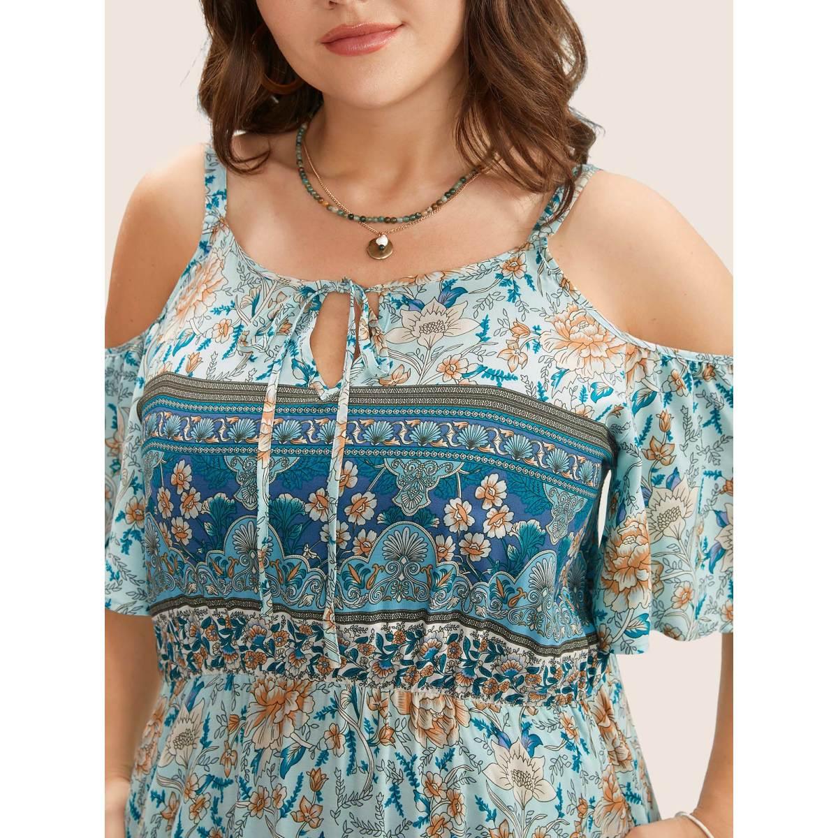 Plus Size Floral Print Pocket Keyhole Ruffles Cold Shoulder Maxi Dress Emerald Women Boho Non Non Half Sleeve Curvy Long Dress BloomChic 18-20/2X Product Image