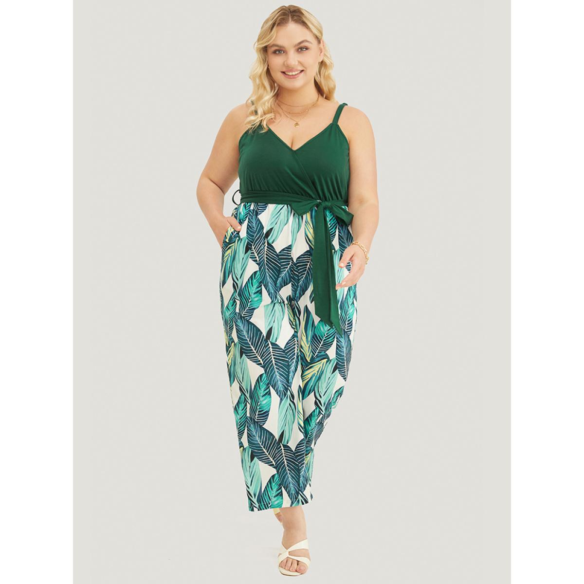 Plus Size DarkGreen Tropical Patchwork Surplice Neck Pocket Belt Cami Jumpsuit Women Vacation Sleeveless Spaghetti Strap Dailywear Loose Jumpsuits BloomChic 18-20/2X Product Image