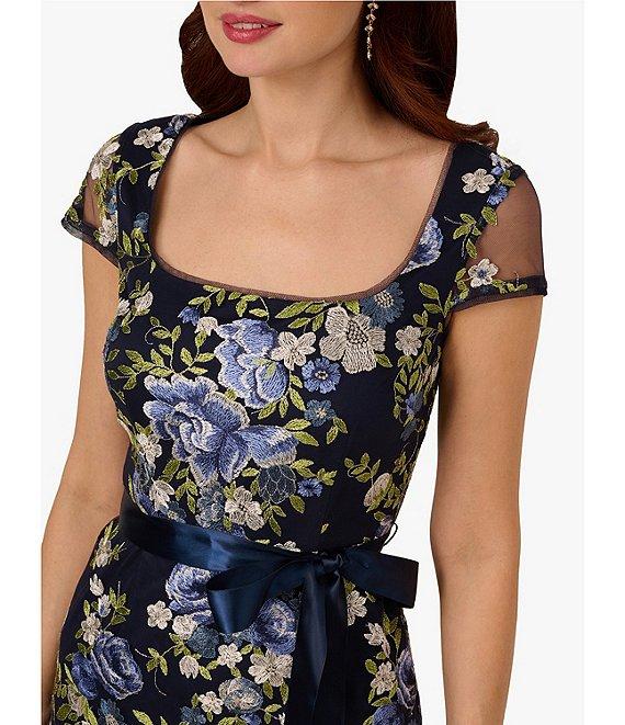 Adrianna Papell Embroidered Floral Print Square Neck Short Sleeve Tie Waist Column Gown Product Image