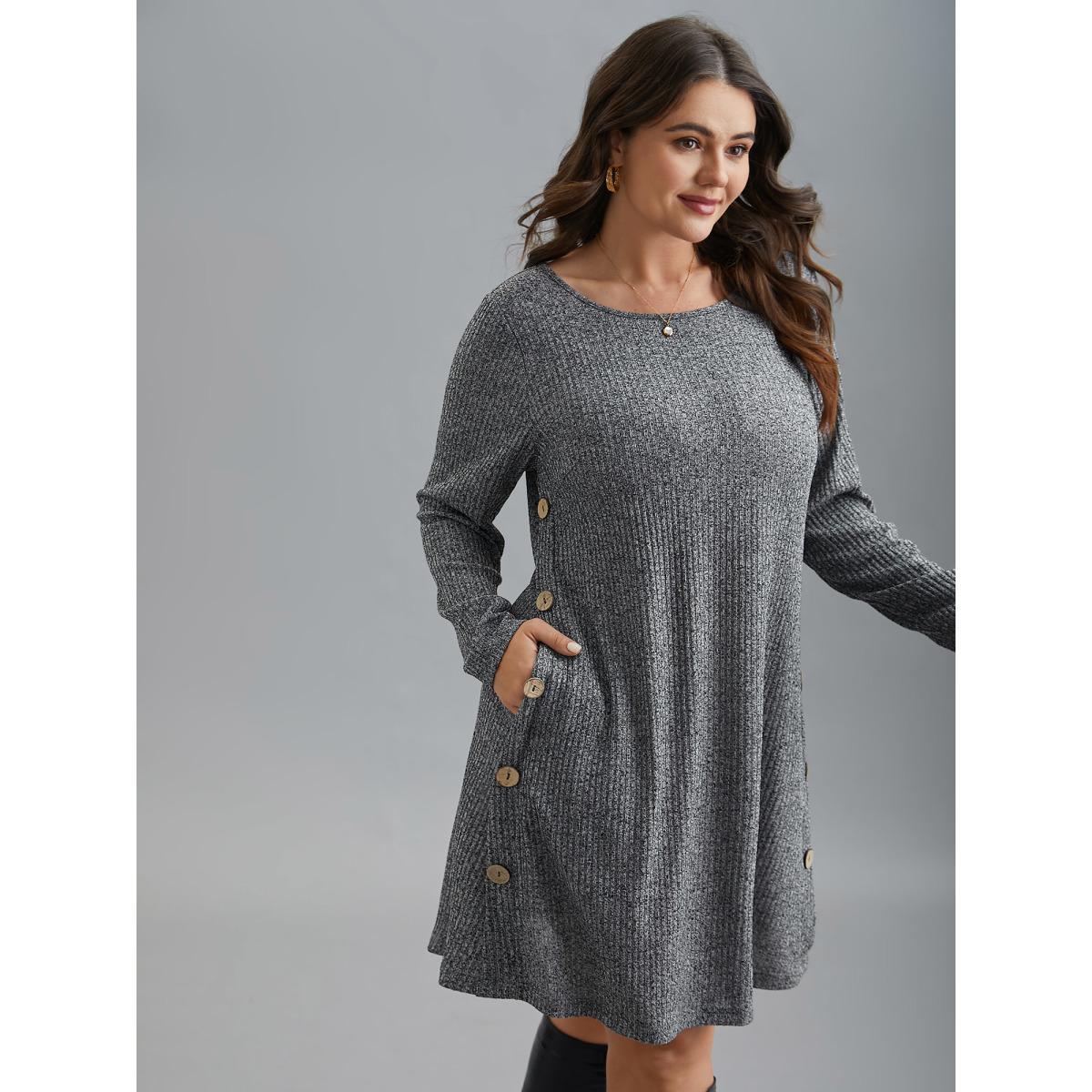 Plus Size Crew Neck HeatherRibbed Knit Dress DimGray Women Leisure Button Knit Dresses Bloomchic 28/5X Product Image