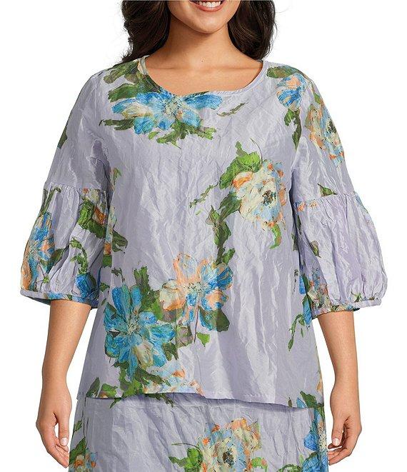 Bryn Walker Plus Size Memory Crunch Taffeta Printed Round Neck 3/4 Sleeve Lantern Shirt Product Image