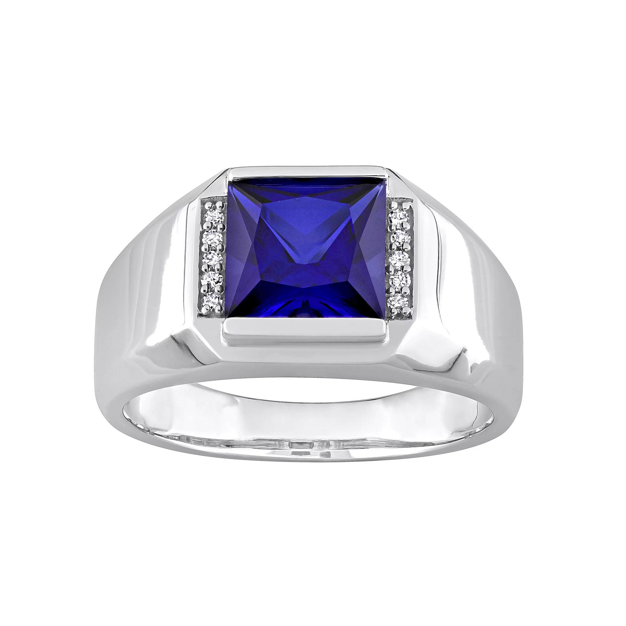 Stella Grace Men's 10k White Gold Lab-Created Sapphire & Diamond Accent Fashion Ring,  Product Image