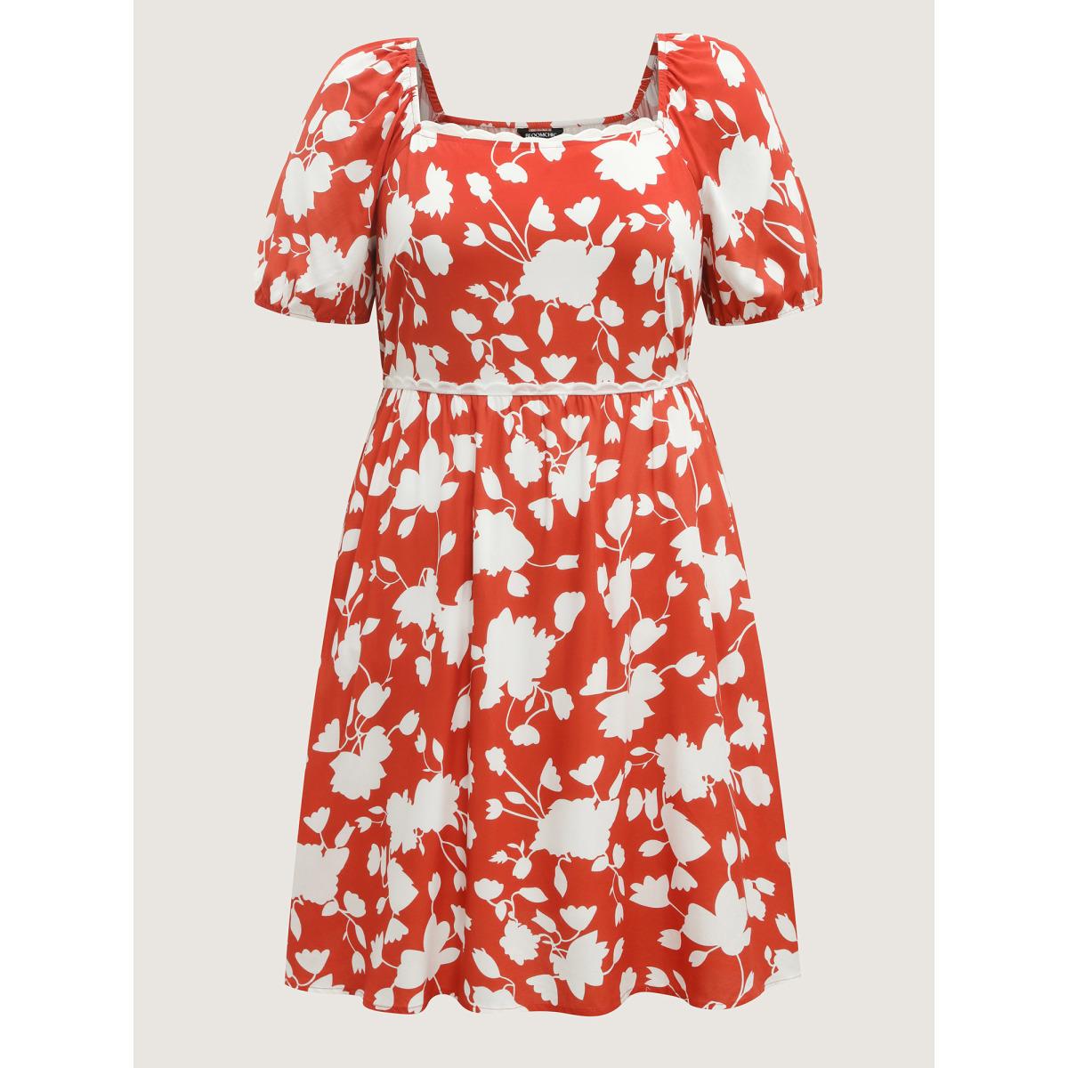 Plus Size Rayon Lace Trim Square Neck Midi Dress Rust Women Square Neck Short sleeve Curvy BloomChic 18-20/2X Product Image