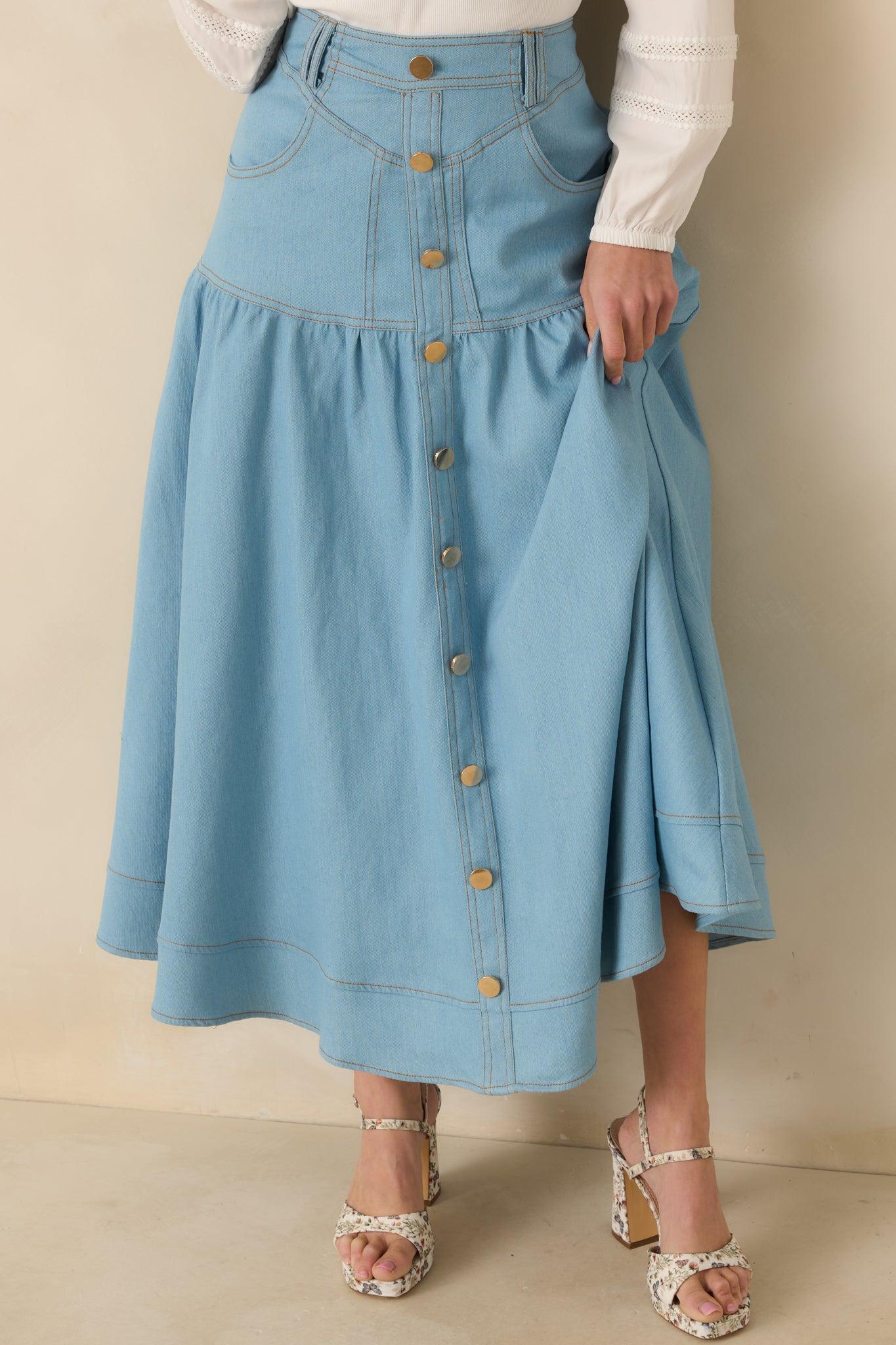 Town & Country Light Wash Denim Button-Down Maxi Skirt Product Image