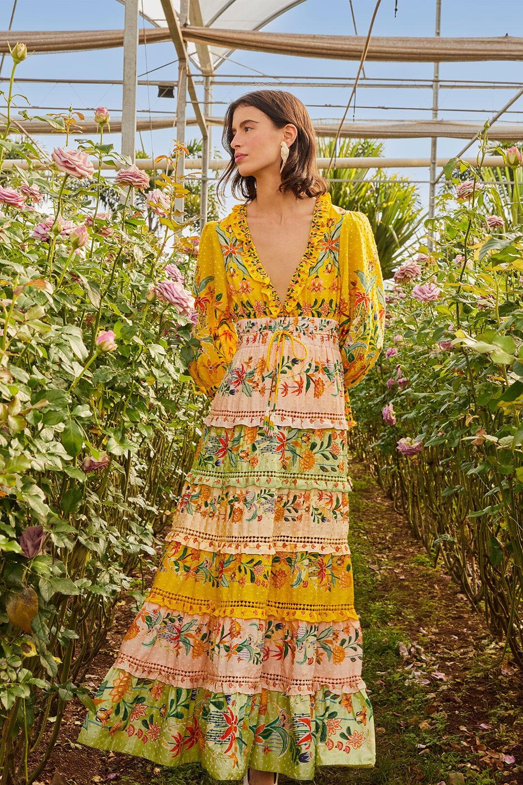 Mixed Delicate Flowers Long Sleeve Maxi Dress Product Image