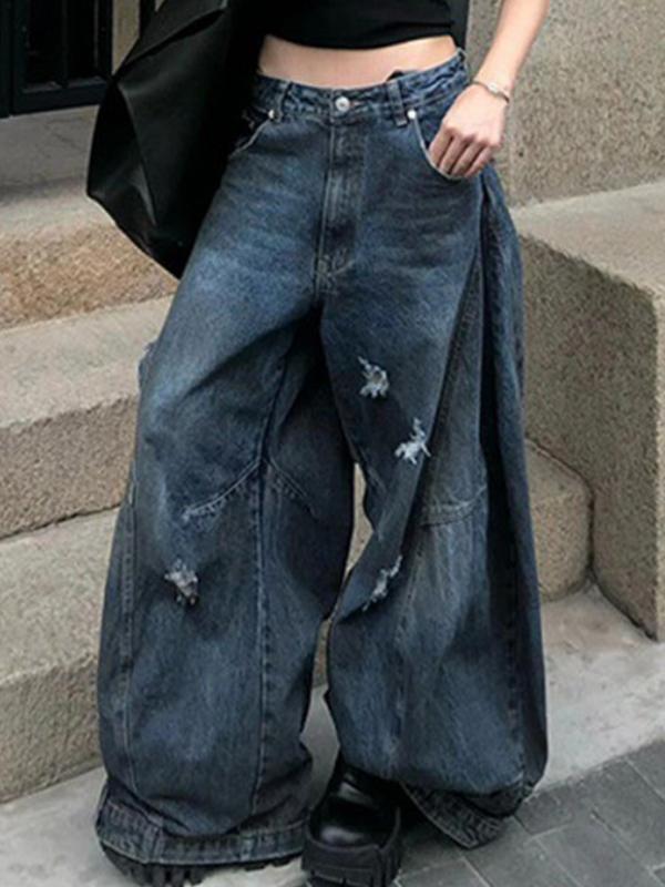 Retro Distressed Dirty Dyed Wide Legs Boyfriend Jeans Product Image