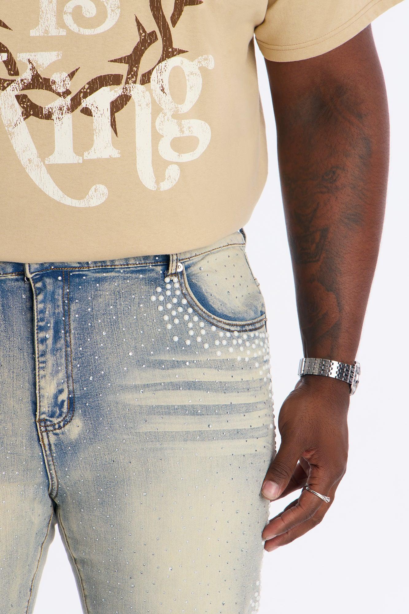 Stacked Skinny Flare Fancy Me Pearls With Jewel Jean - Medium Wash Product Image