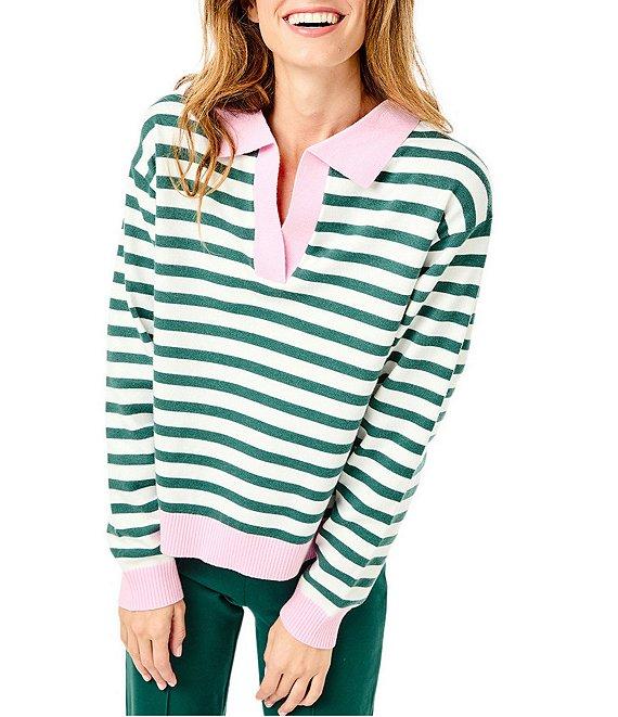 Addison Bay Lauderdale Color Block Stripe Point Collar V-Neck Dropped Long Sleeve Pullover Sweater Product Image