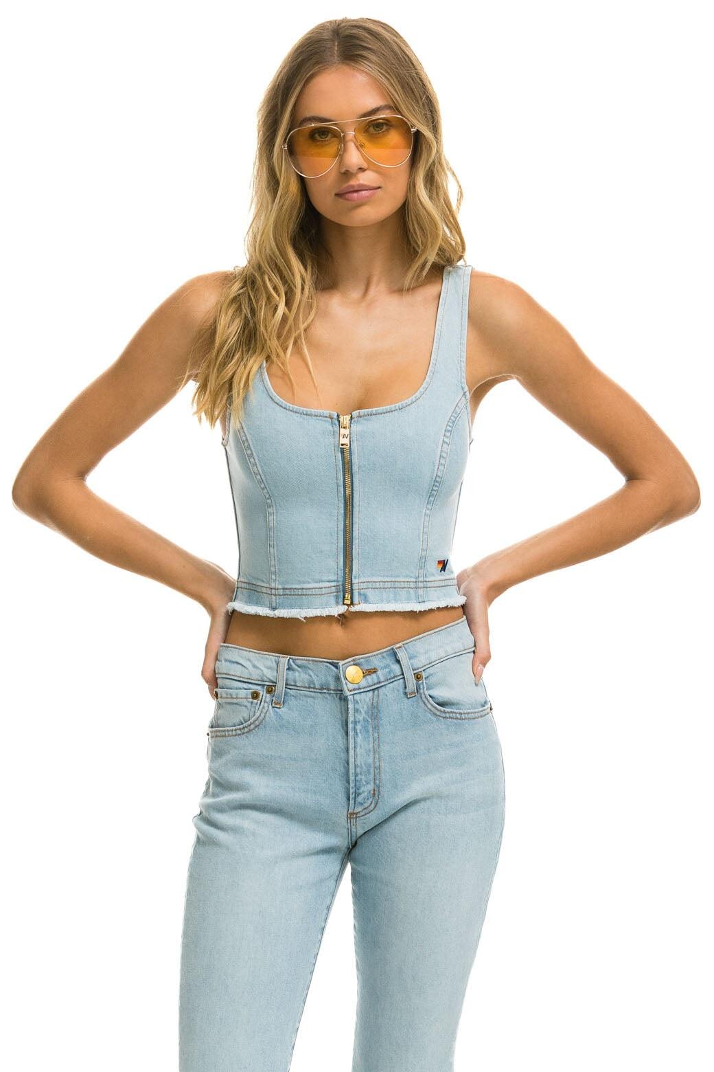 DENIM TOP ZIP FRONT BUSTIER - SUPER LIGHT Female Product Image