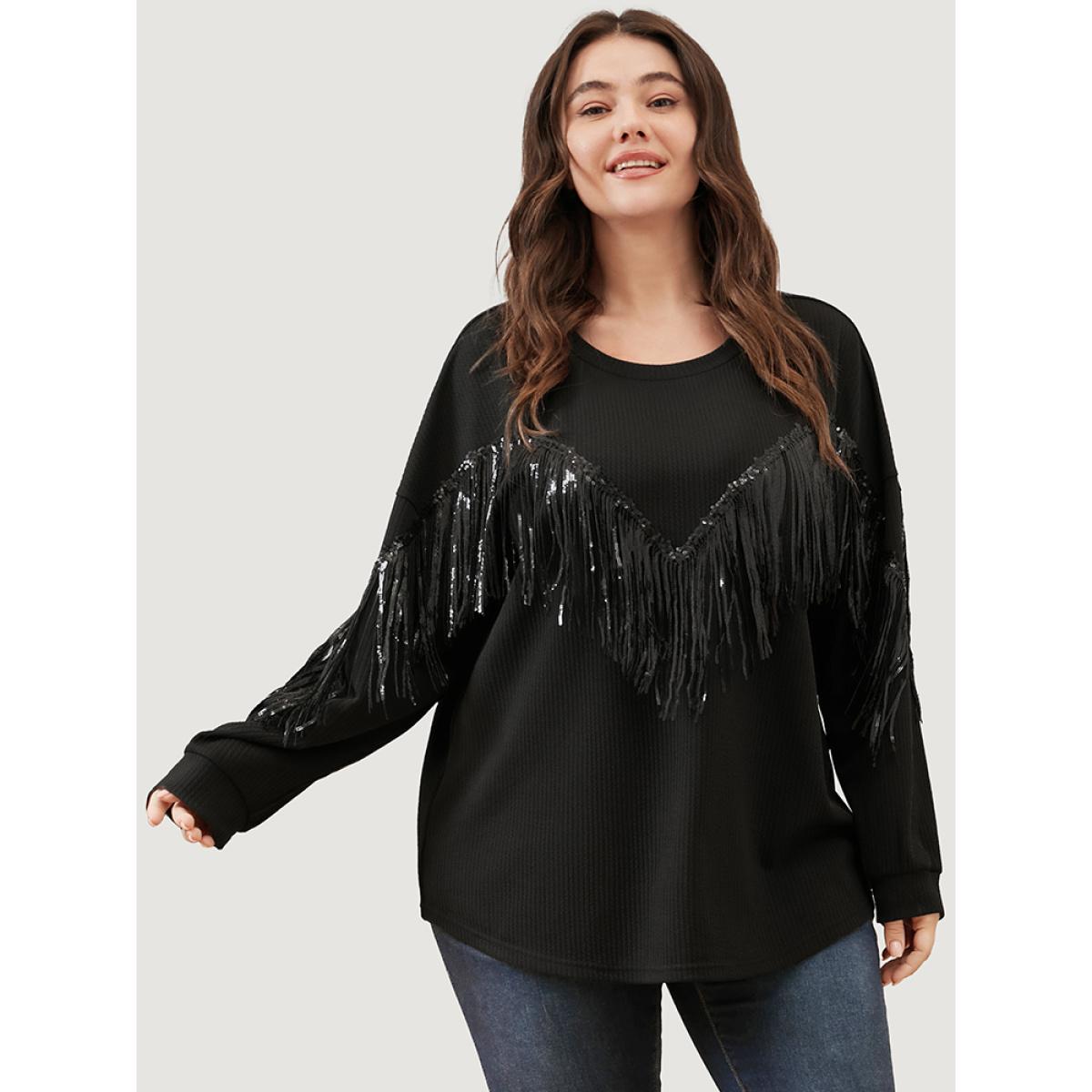 Plus Size Solid Fringe Trim Sequin Drop Shoulder Sweatshirt Women Black Party Patchwork Round Neck Going out Sweatshirts BloomChic 14-16/1X Product Image