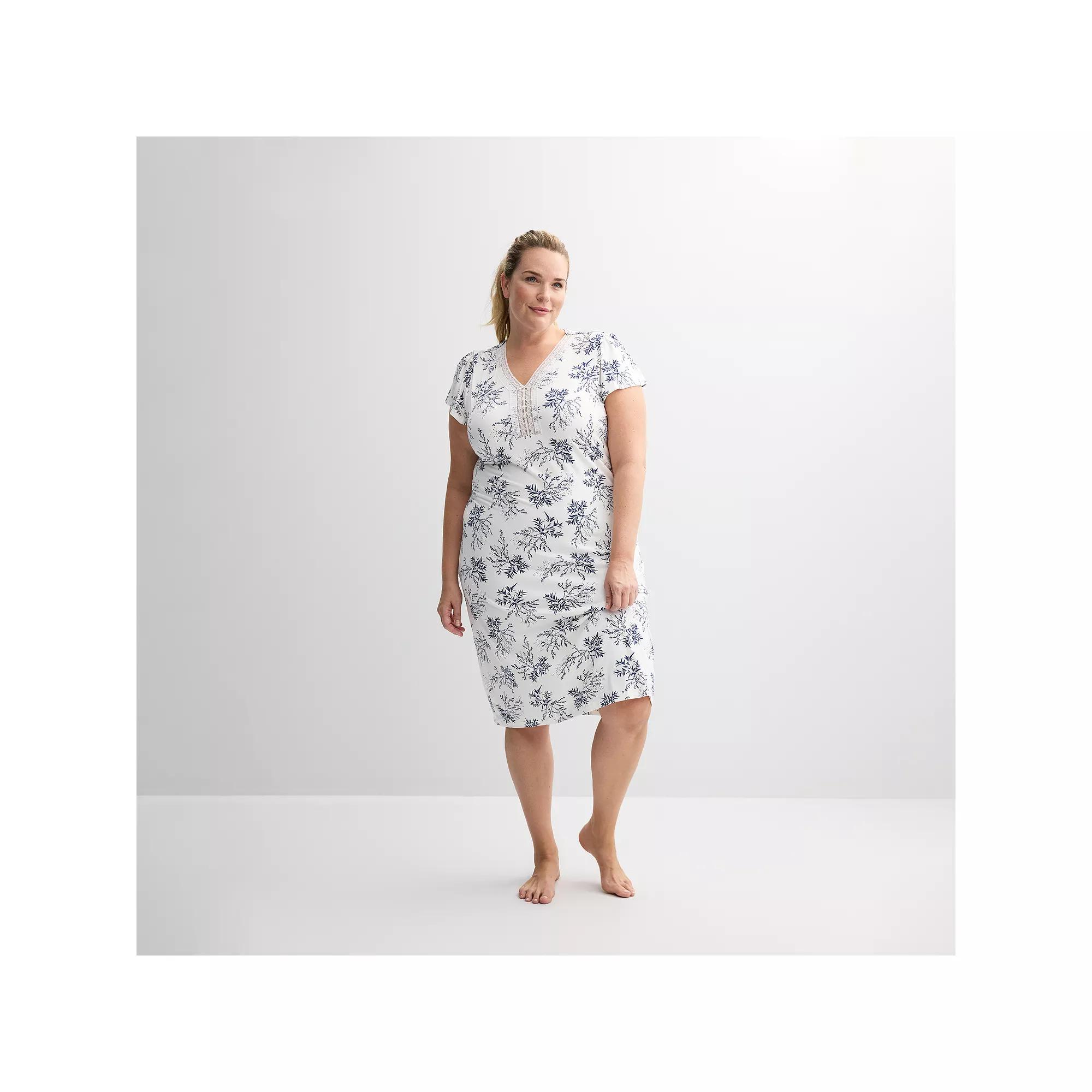 Plus Size Miss Elaine Essentials Micro Velvet Long Nightgown, Women's, Size: 1XL, Ivory Floral Product Image