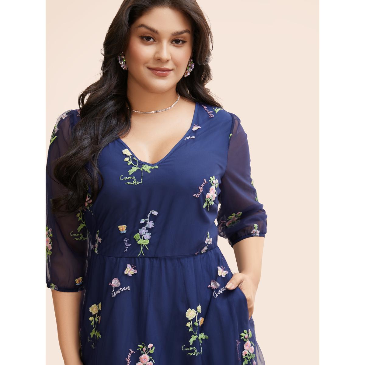 Plus Size Floral Embroidered Mesh Patchwork Lantern Sleeve Dress Indigo Women Formal Texture V-neck Elbow-length sleeve Curvy BloomChic 14-16/1X Product Image