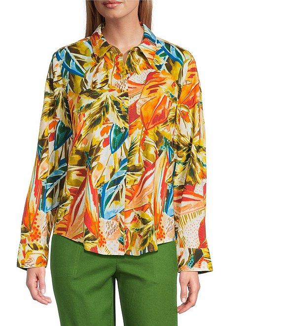 Investments Linen Blend Woven Palm Beach Multi Long Sleeve Point Collar Button Front Top Product Image