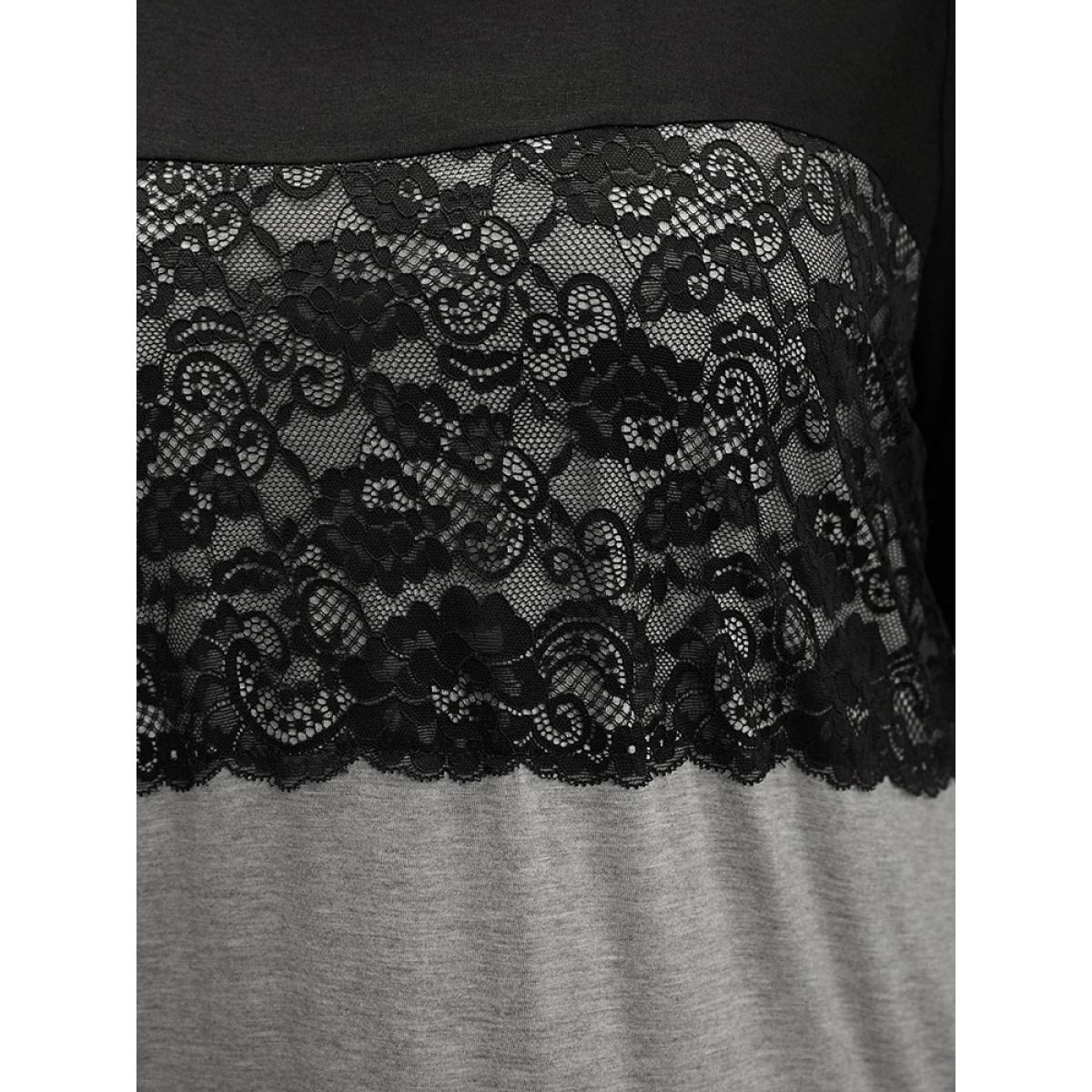 Plus Size Colorblock Contrast Round Neck Lace Insert T-shirt Black Women Elegant Contrast Colorblock Round Neck Dailywear T-shirts BloomChic 28/5X Product Image