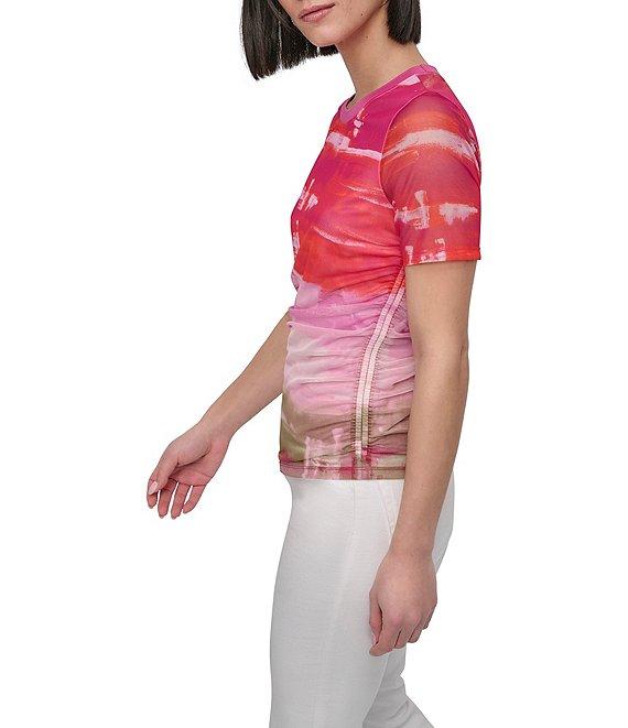 DKNY by Donna Karan Printed Mesh Crew Neck Short Sleeve Ruched Top Product Image