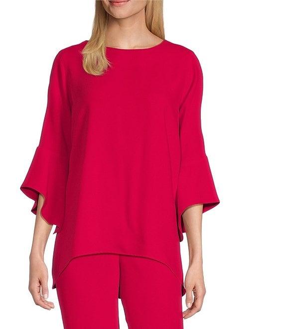Caroline Rose Julia Matte Crepe Crew Neck 3/4 Ruffled Sleeve High-Low Hem Top Product Image