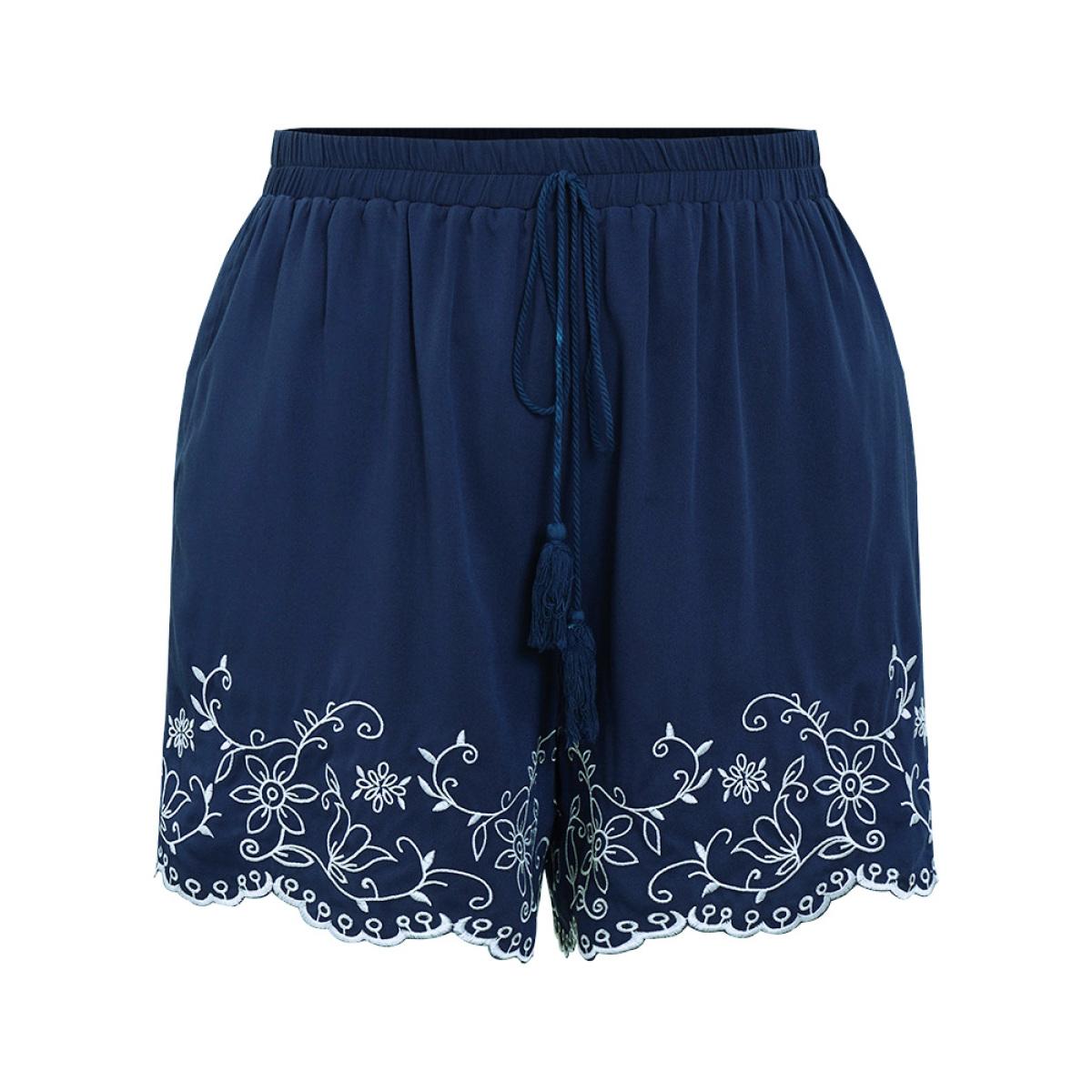 Plus Size Floral Embroidered Pocket Knotted Lettuce Trim Shorts Women Indigo Vacation Knotted Dailywear Shorts BloomChic 18-20/2X Product Image