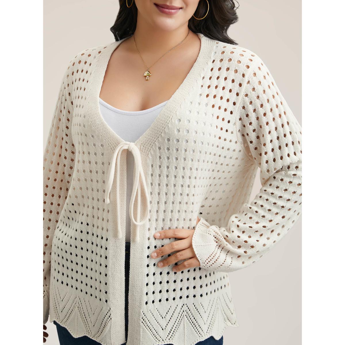 Plus Size Cut-Out Neck Tie Knit Cardigan Ivory Women Casual Loose Long Sleeve Everyday Cardigans BloomChic 22-24/3X Product Image