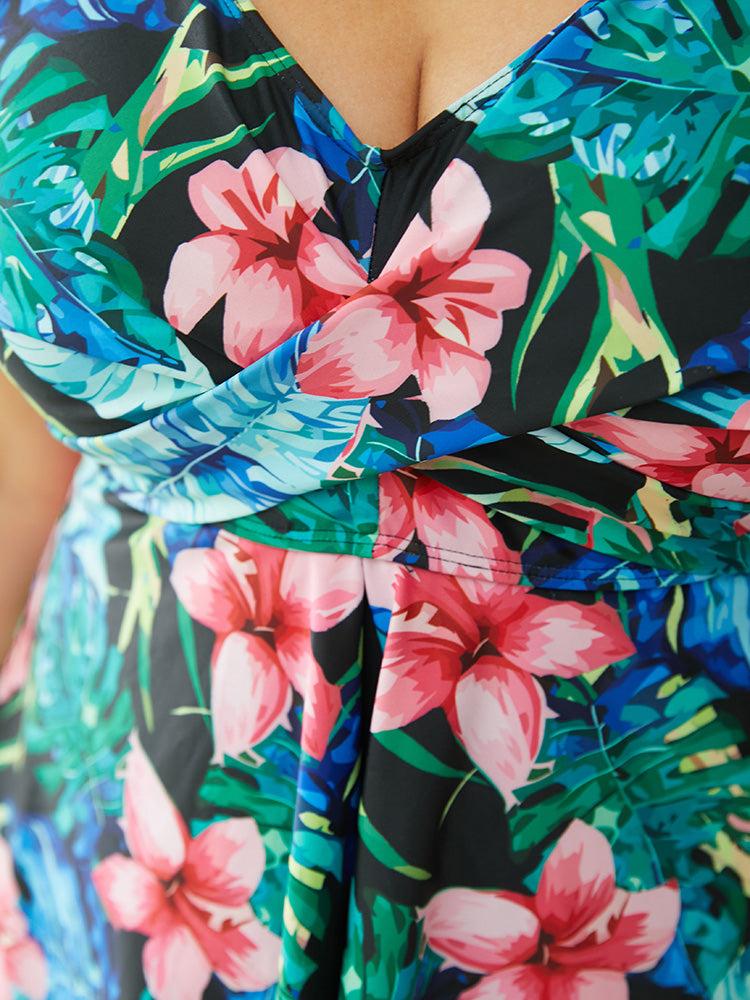 Tropical Print Split Front Ruffle Crossover Swim Dress Female Product Image