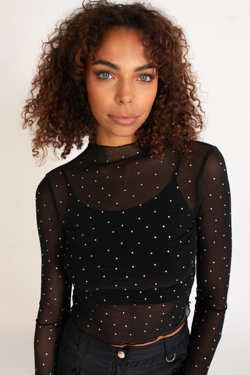 Long Sleeve Fur Trim Rhinestone Mesh Top Product Image