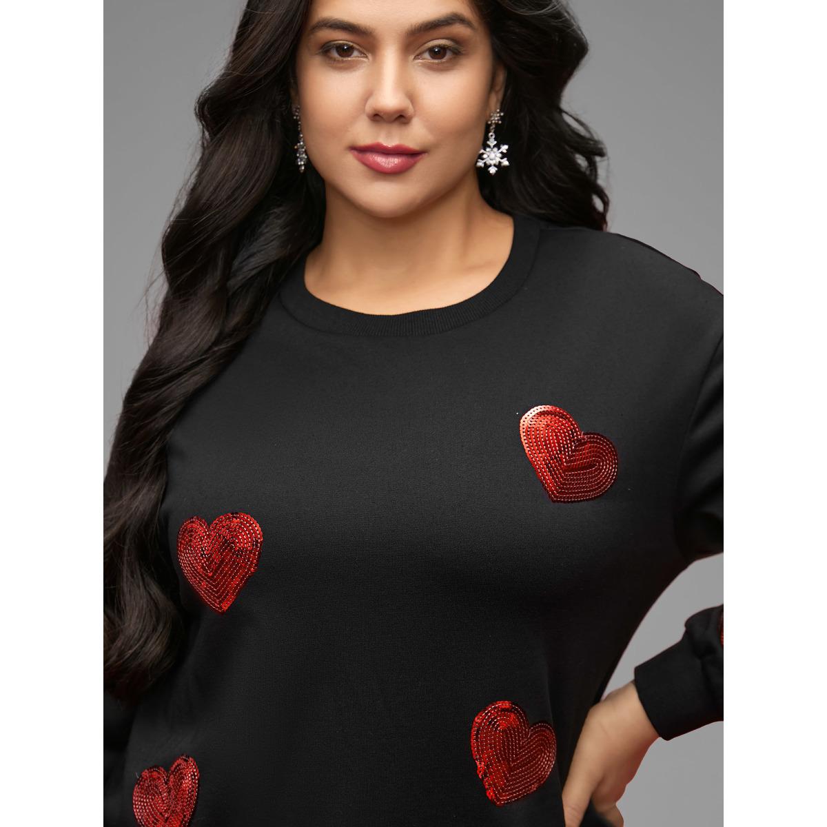 Plus Size Sequin Heart Embellished Puffy Sleeves Sweatshirt Women Black Casual Round Neck Everyday Sweatshirts BloomChic 18-20/2X Product Image