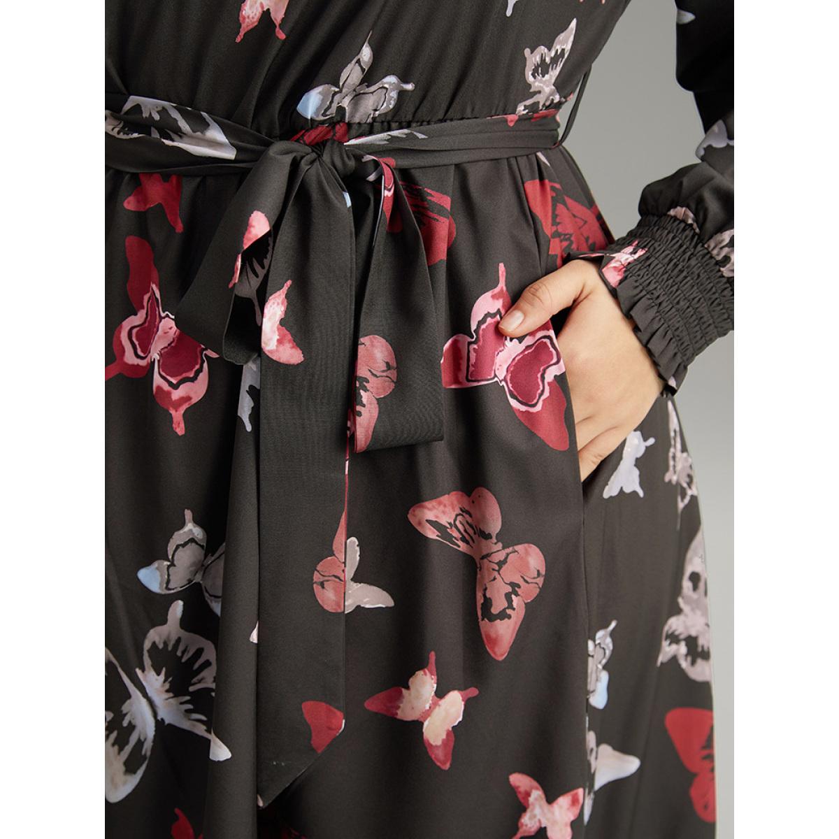 Plus Size Butterfly Print Shirred Belted Layered Dress Black Women Elegant Belted V-neck Long Sleeve Curvy Midi Dress BloomChic 22-24/3X Product Image