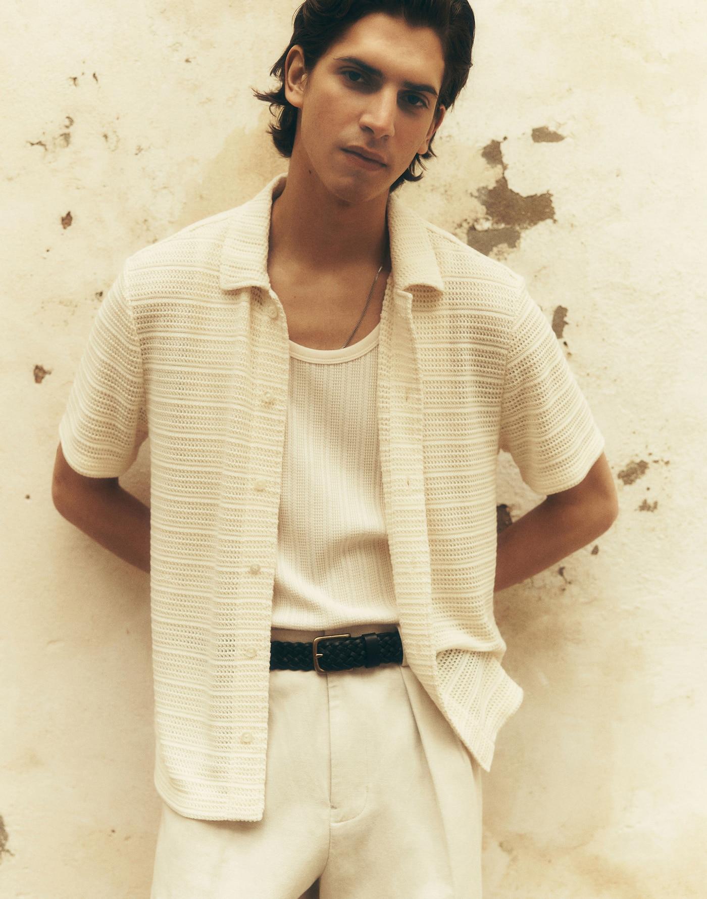 Jacquard-Knit Short-Sleeve Button-Up Shirt Product Image