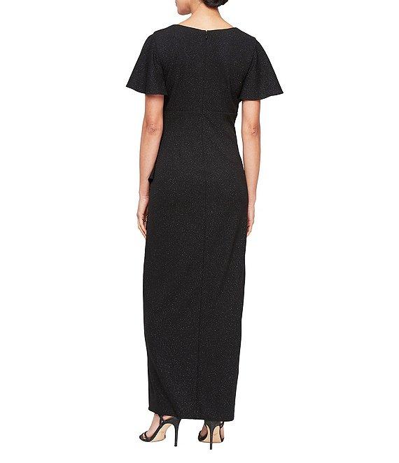 Ignite Evenings Short Flutter Sleeve V-Neck Glitter Knit Empire Embellished Waist Faux Wrap Maxi Dress Product Image