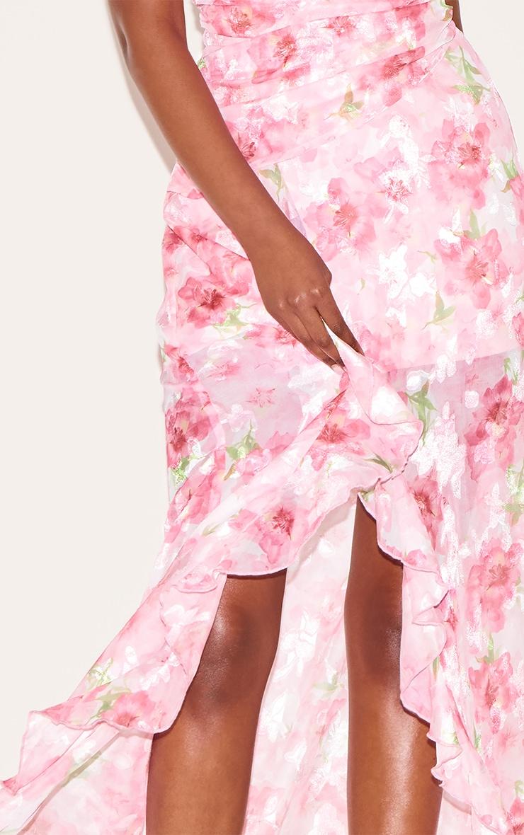 Pink Floral Chiffon Frill Plunge Strappy Maxi Dress Product Image
