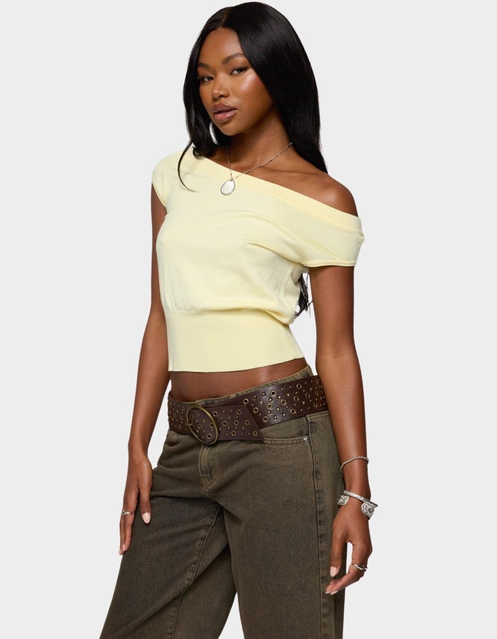 EDIKTED Michaela Off Shoulder Knit Top - YELLOW Product Image