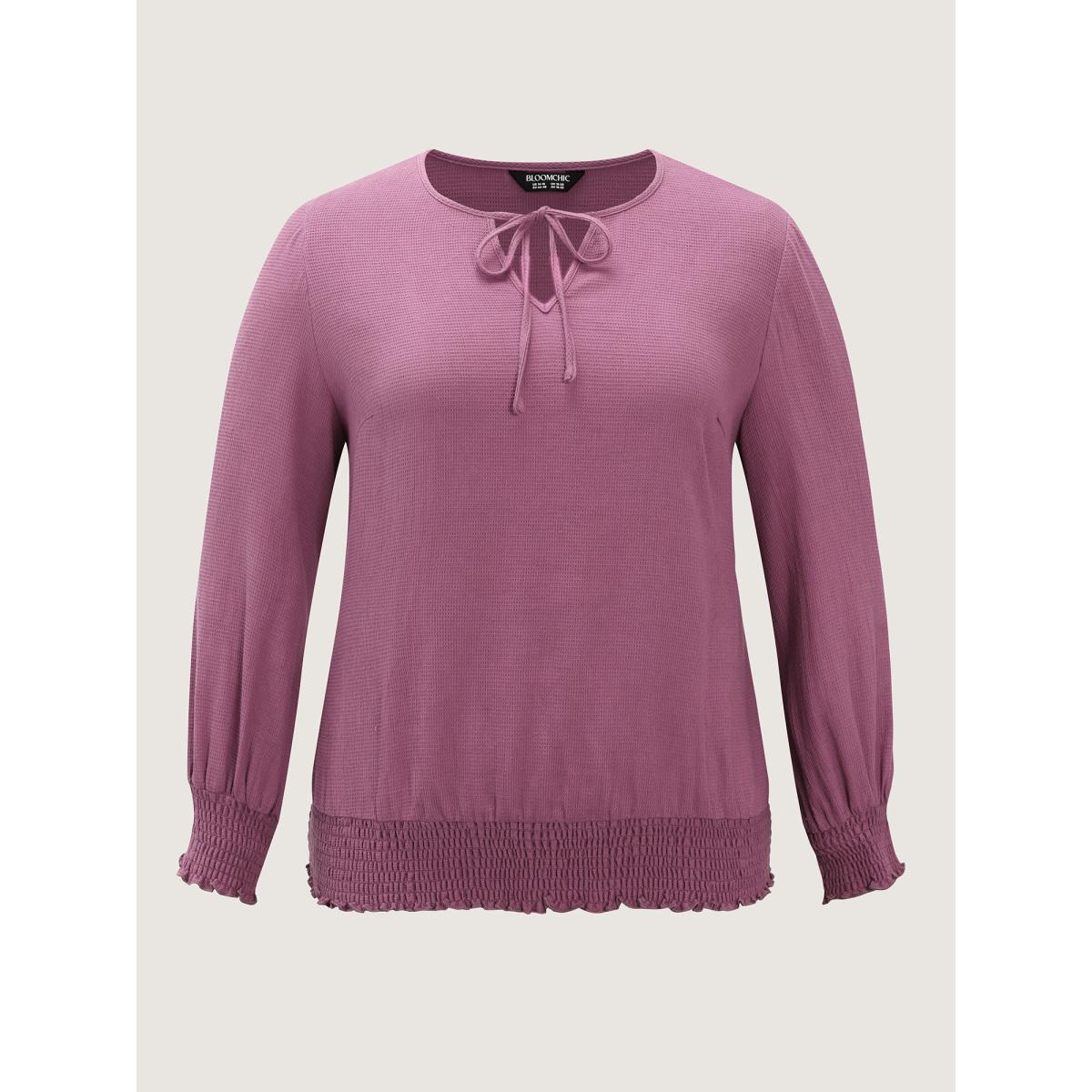 Plus Size Mauve Pure Cotton Textured Shirred Blouse Women Leisure Extra Long Sleeve Round Neck Elegant Blouses BloomChic 30/6X Product Image