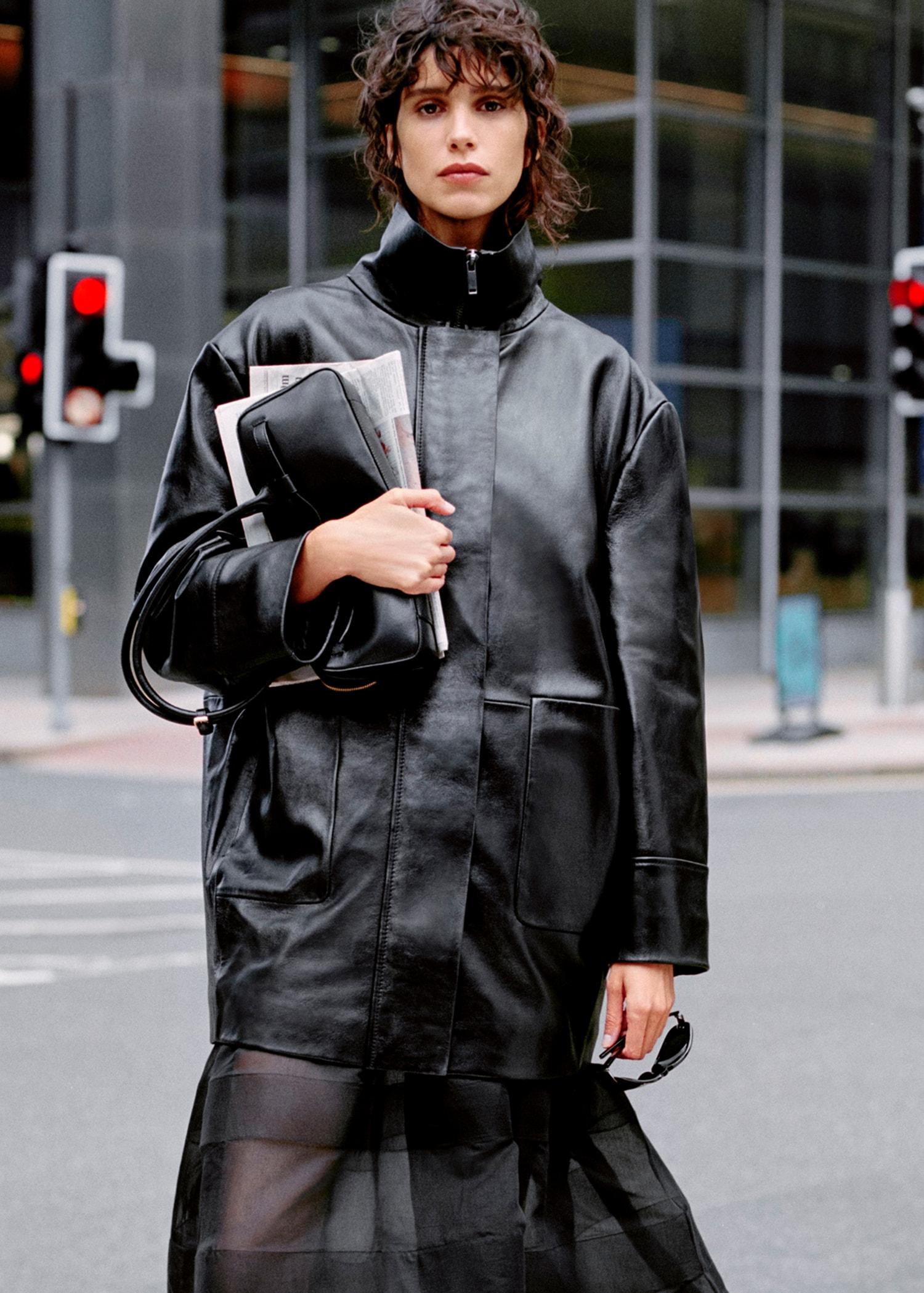 Oversized leather jacket - Women | MANGO USA Product Image