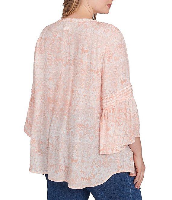 Ruby Rd. Plus Size Soft Silky Slub Patchwork Band V-Neck 3/4 Bell Sleeve Pleated Flowy Blouse Product Image