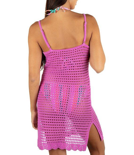 Hurley Solid Crochet Knit V-Neck Spaghetti Straps Swim Cover-Up Mini Dress Product Image