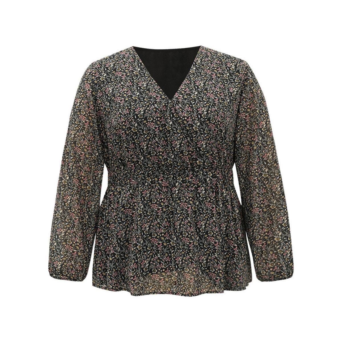 Plus Size Black Ditsy Floral Shirred Lantern Sleeve Blouse Women Elegant Long Sleeve V-neck Everyday Blouses BloomChic 14-16/1X Product Image