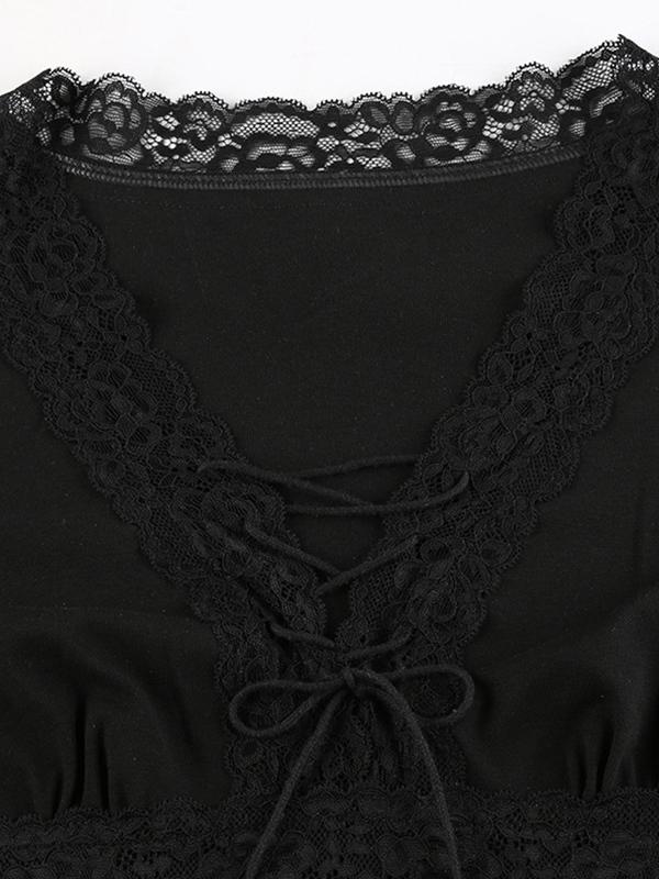 Lace Trim V Neck Lacing Slim Long Sleeve Knit Product Image