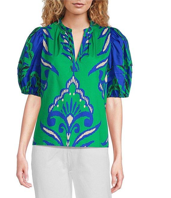 tyler boe Jenna Split V-Neck Ruffle Short Puff Sleeve Top Product Image