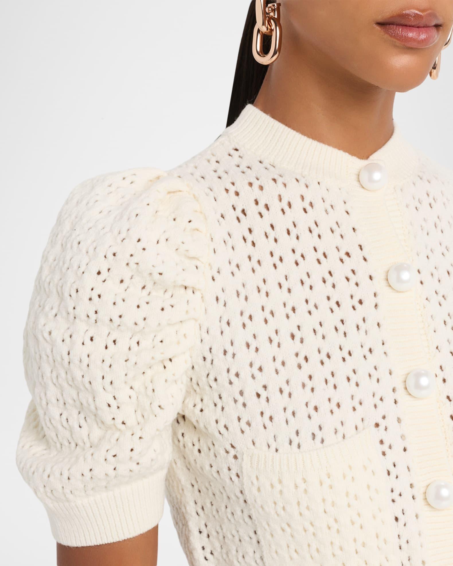 Pointelle Knit Puff-Sleeve Crop Cardigan Product Image