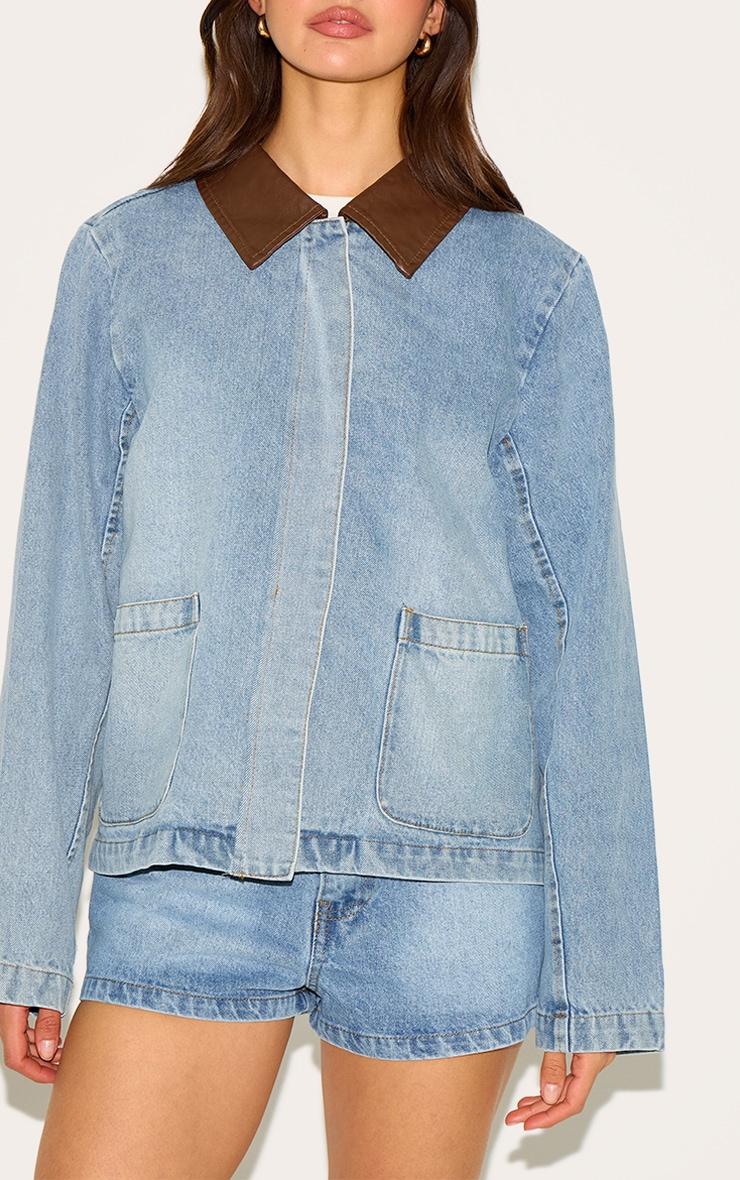 Light Vintage Blue Brown Collar Denim Jacket Product Image