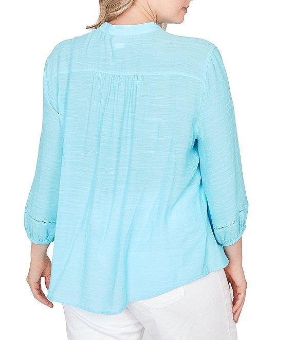 Ruby Rd. Plus Size Silky Slub Woven Split V-Neck 3/4 Sleeve Button Front Top Product Image