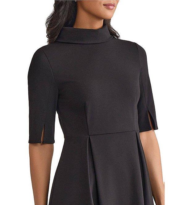 MISOOK Luxe Stretch Ponte Fold Collar Neck Elbow Sleeve A-Line Dress Product Image