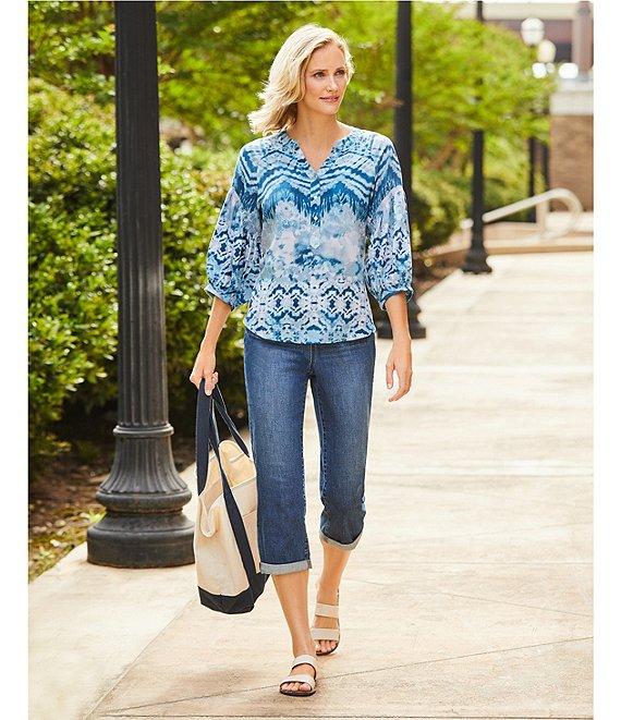 Westbound Woven Tie-Dye Elbow Smock Sleeve Henley Blouse Product Image