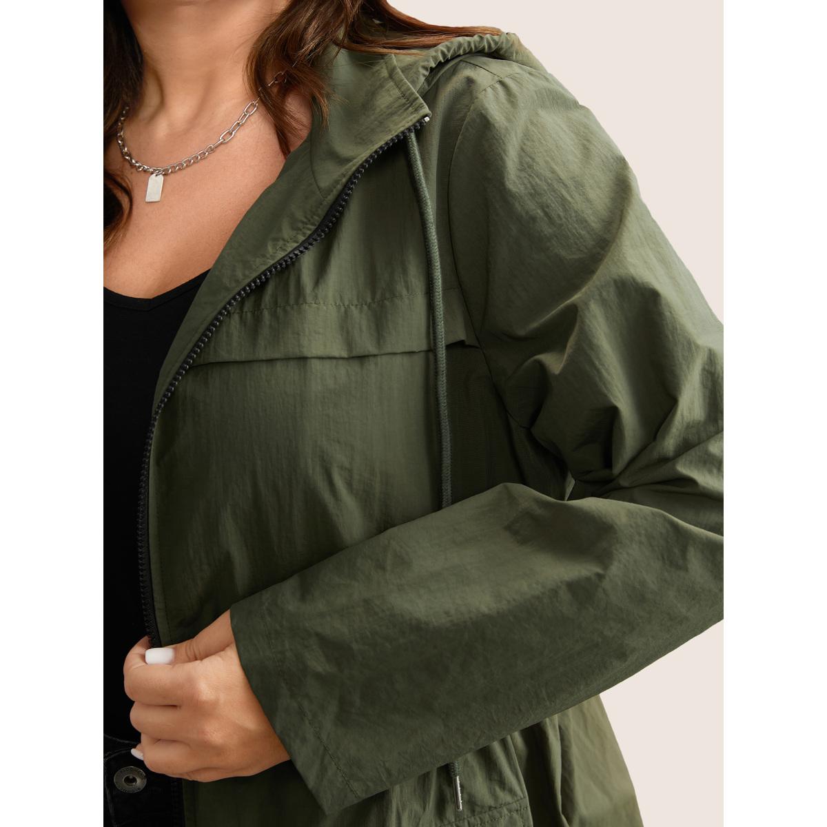 Plus Size Plain Hooded Drawstring Gathered Zipper Jacket Women ArmyGreen Non Patch pocket Everyday Jackets BloomChic 14-16/1X Product Image